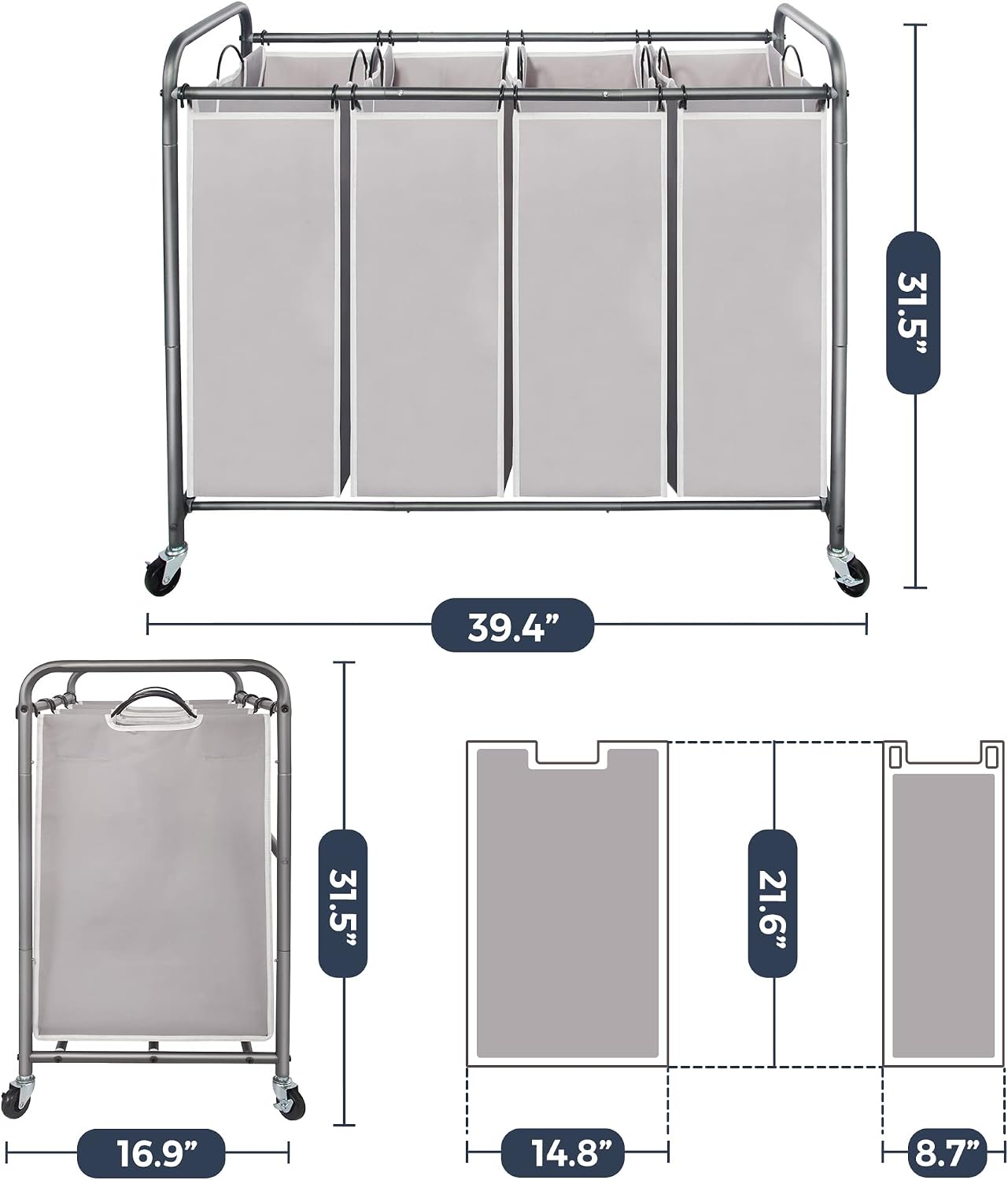 STO STO Laundry Sorter 3 Section, 3 Bag Clothes Hamper, Rolling Laundry Cart Basket with Heavy Duty Lockable Wheels and Removable Bag for Laundry Room, Bedroom, Closet, Black