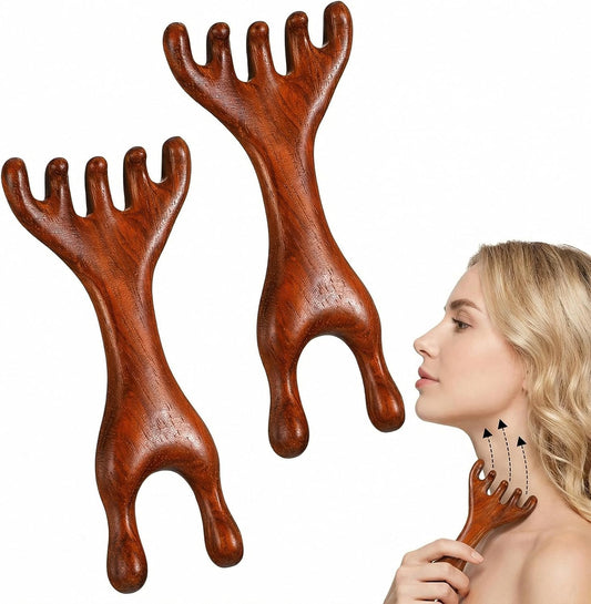 2 PCS Meridian Comb 5-Claw Therapy Comb Guas Sha Tools Natural Sandalwood Scalp Massage Therapy Manual Double Head Wooden Massager Tool Ergonomic Handheld Stick for Head Neck Face