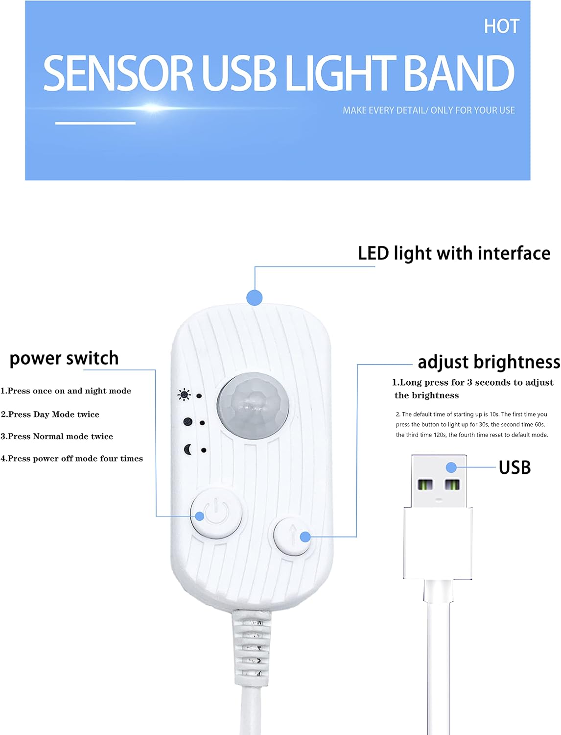 Vortex HJ-J0083C2 USB LED Strip Lights with Motion Sensor, Cool White 3m Options Dimmable LED Closet Light duarble, Under Cabinet or Bed Strip Light (3 Meters, Cool White)(Two Pieces Package)