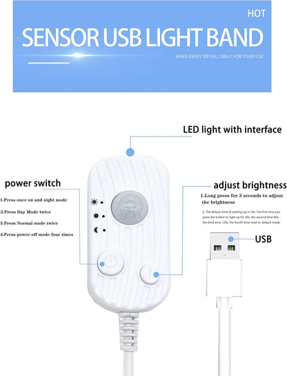 Vortex HJ-J0083C2 USB LED Strip Lights with Motion Sensor, Cool White 3m Options Dimmable LED Closet Light duarble, Under Cabinet or Bed Strip Light (3 Meters, Cool White)(Two Pieces Package)