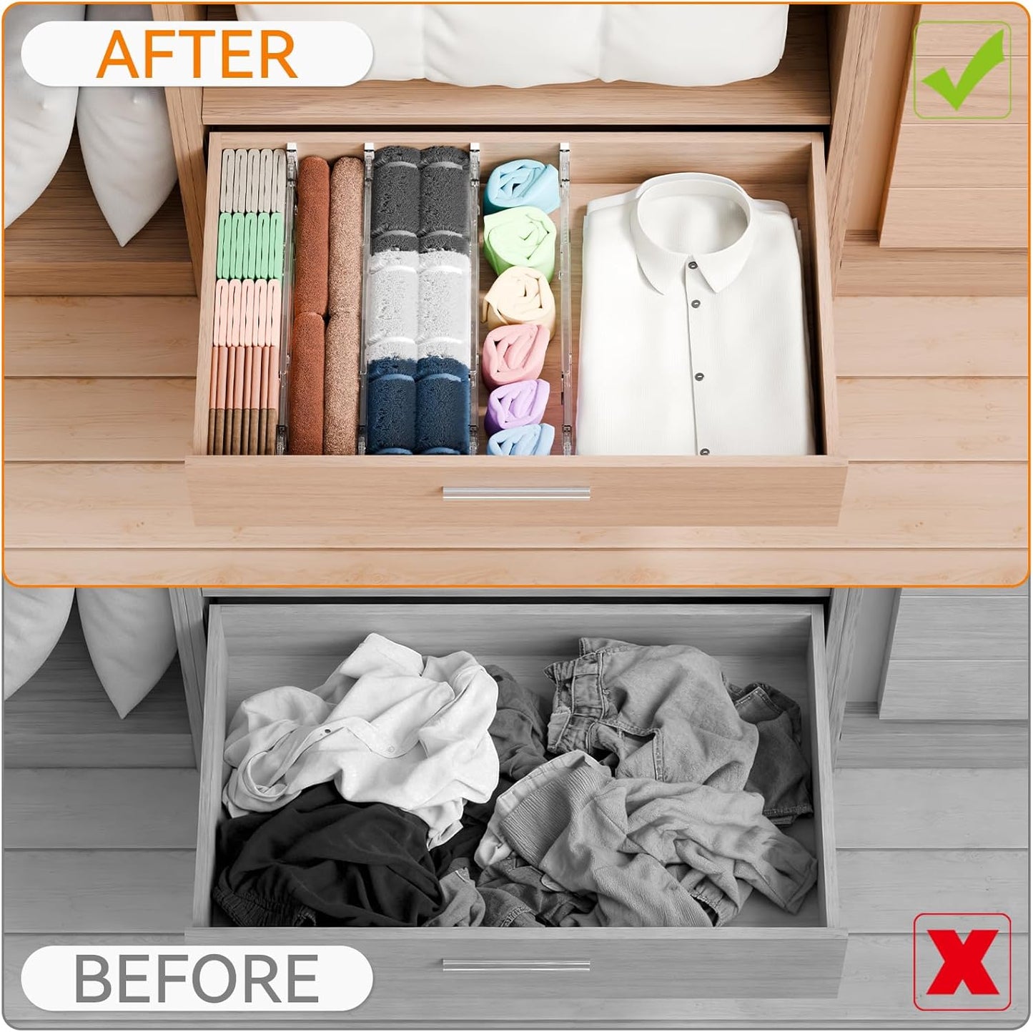 8 Pack 3.2 Inch Shallow Acrylic Drawer Dividers for Clothes -Expandable from 15-21''- Adjustable Drawer Dividers for Baby Clothing,Sock,Underwear,Clear in Drawer Separators for Dresser,Kitchen