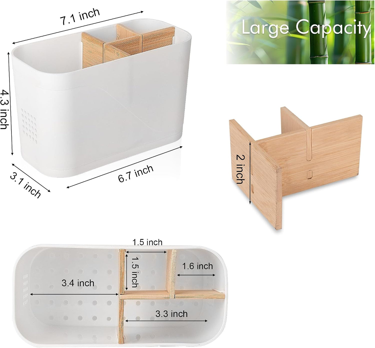 Electric Toothbrush Holder Tooth Brush and Toothpaste Organizer, Black | 3 Slots, Drainage Holes, Removable Bamboo Divider, Ventilation Design, Space-Saving, for Bathroom Countertop, Shower, Vanity