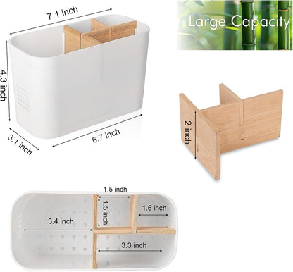 Electric Toothbrush Holder Tooth Brush and Toothpaste Organizer, Black | 3 Slots, Drainage Holes, Removable Bamboo Divider, Ventilation Design, Space-Saving, for Bathroom Countertop, Shower, Vanity
