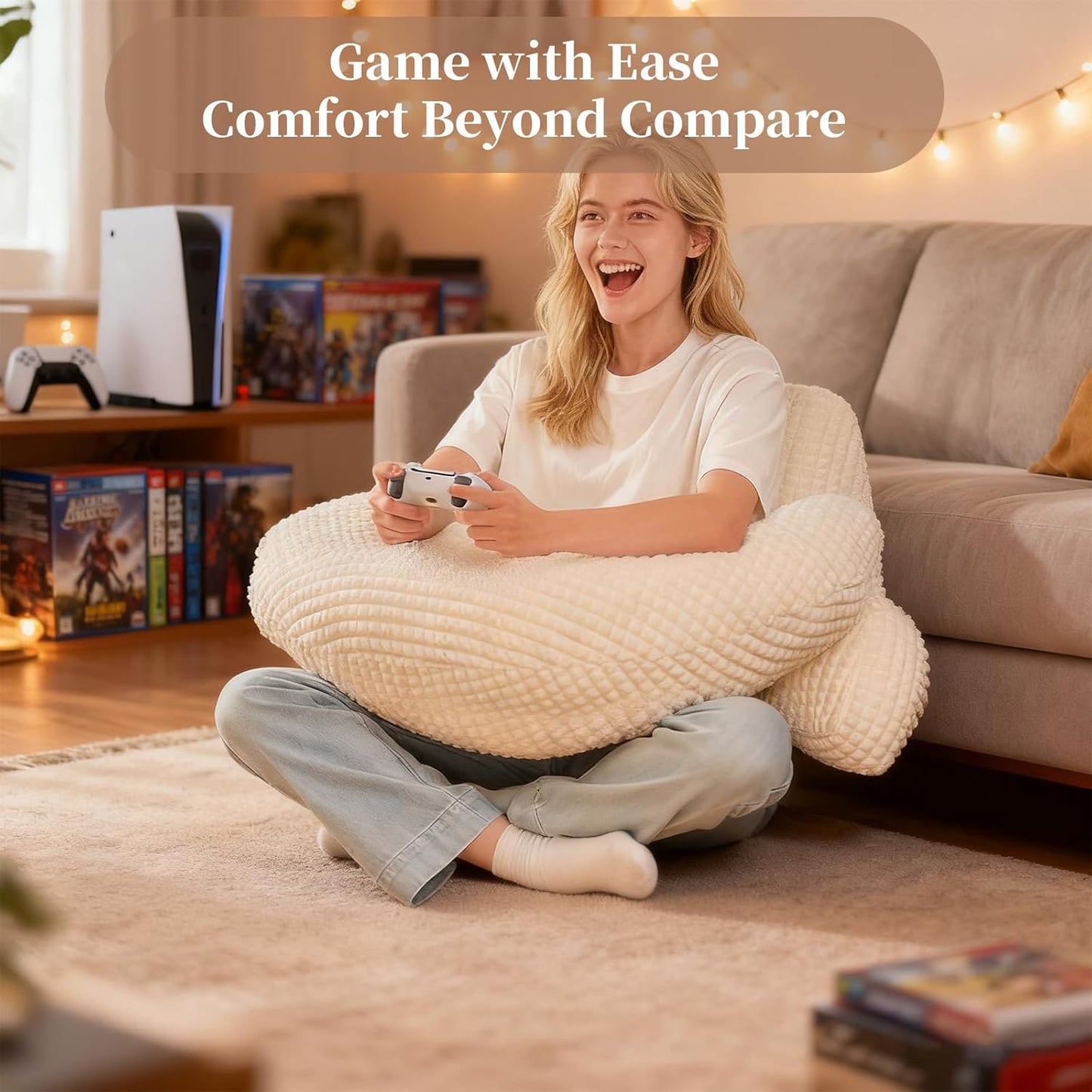 Reading Pillow with Arms for Sitting in Bed,Backrest,White Flannel,M | 17" Backrest Supports Back for College Students,Elbows & Forearms for Dorm Reading,Gaming,Watching TV