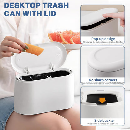 LTWQLing Mini Trash Can with Lid - Removable Small Garbage Can, Tiny Plastic Trash Bin, Pop Up Countertop Wastebasket, Counter Garbage Lint Bin for Bathroom,Office,Kitchen,Desk,Coffee Table(White)