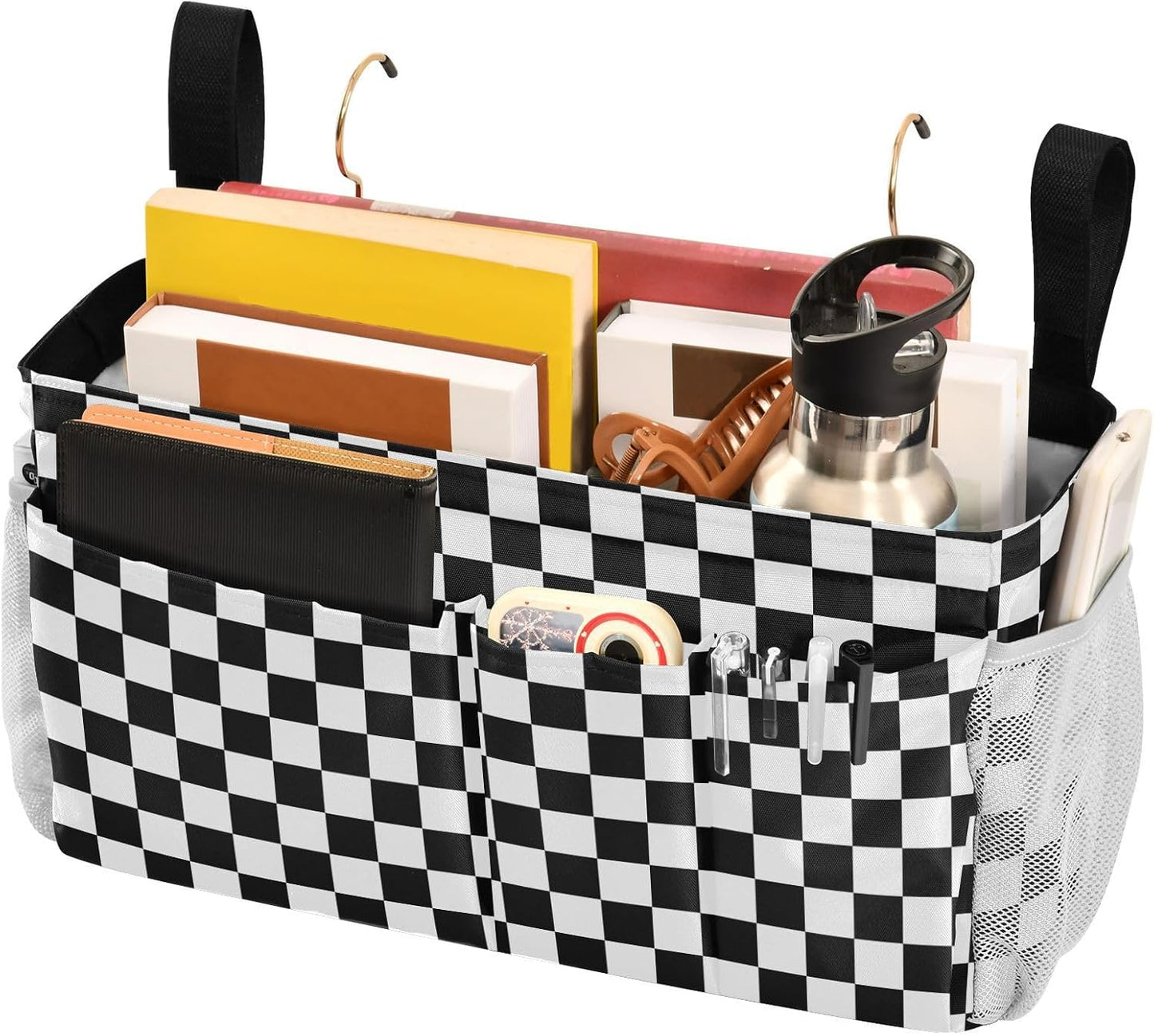 Black Bedside Caddy Storage Bag Bedside Organizer for Bed Rails College Dorm Room Organizer Caddy Hanging Shelf 6 Pockets with Hooks for Drinks Magazine Phone Holder