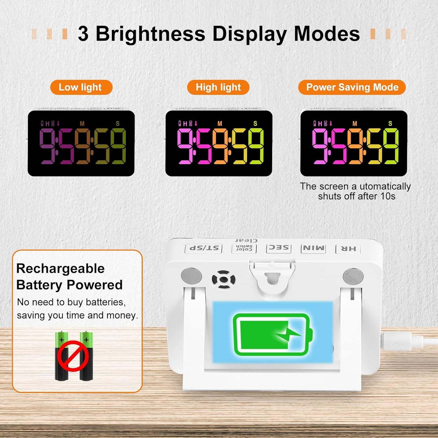 PERSUPER Kitchen Digital Timer, Count Down Up, Rechargeable, Vibration Mode | Adjustable Volume and Brightness LED Display, Time Management Cook, Desk, Kids Adults Study Teaching, Kitchen Gadgets RGB ﻿