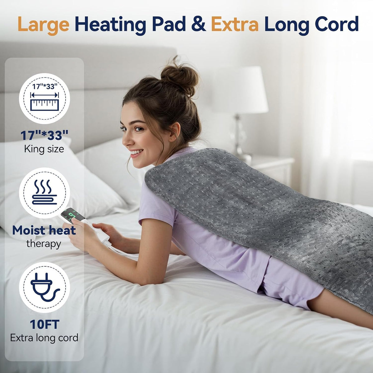 Heating Pad for Back, 17 x 33 in,9 Heat Settings,4 Timer, Gray