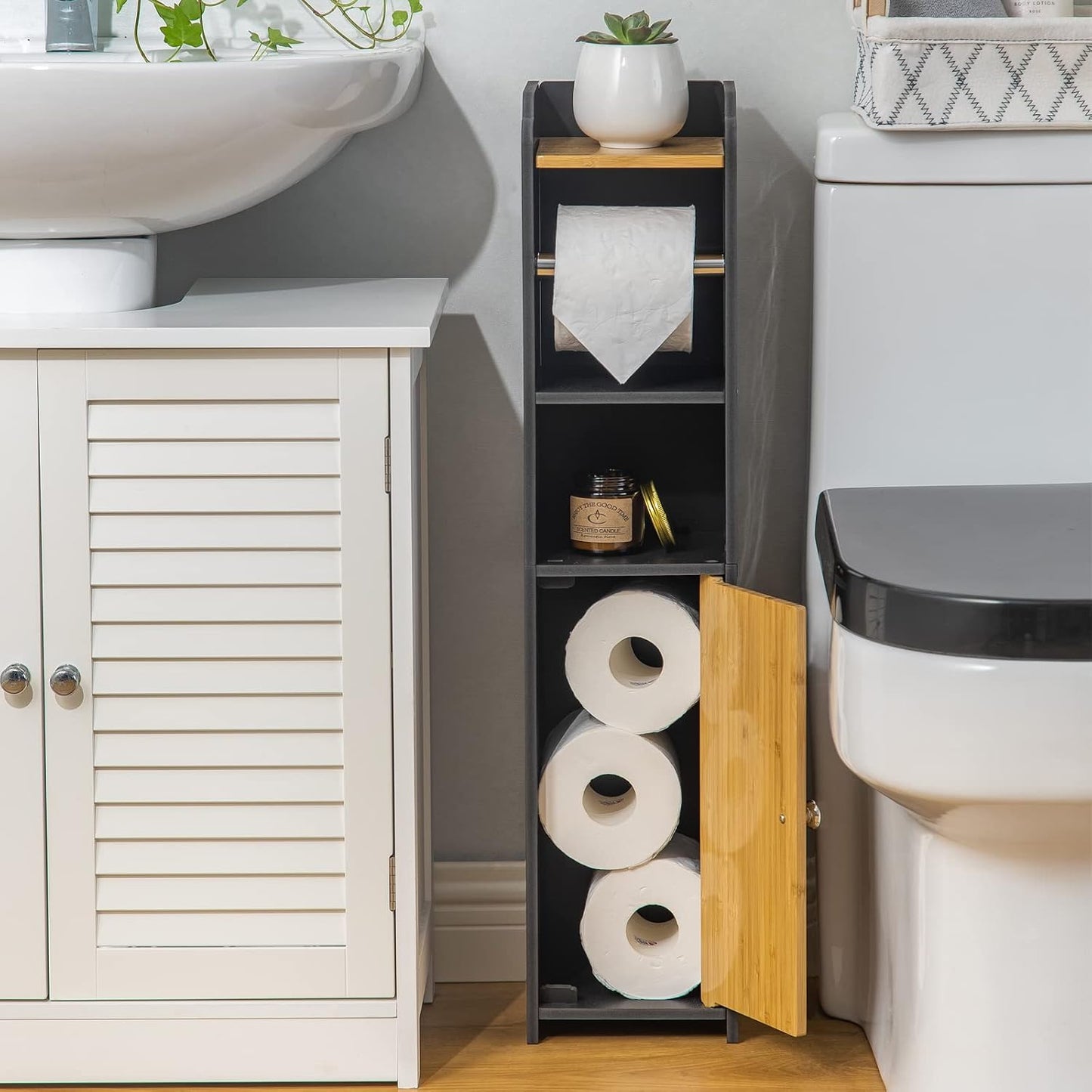 AOJEZOR Toilet Paper Holder Stand: Small Space Bathroom Storage for Renters