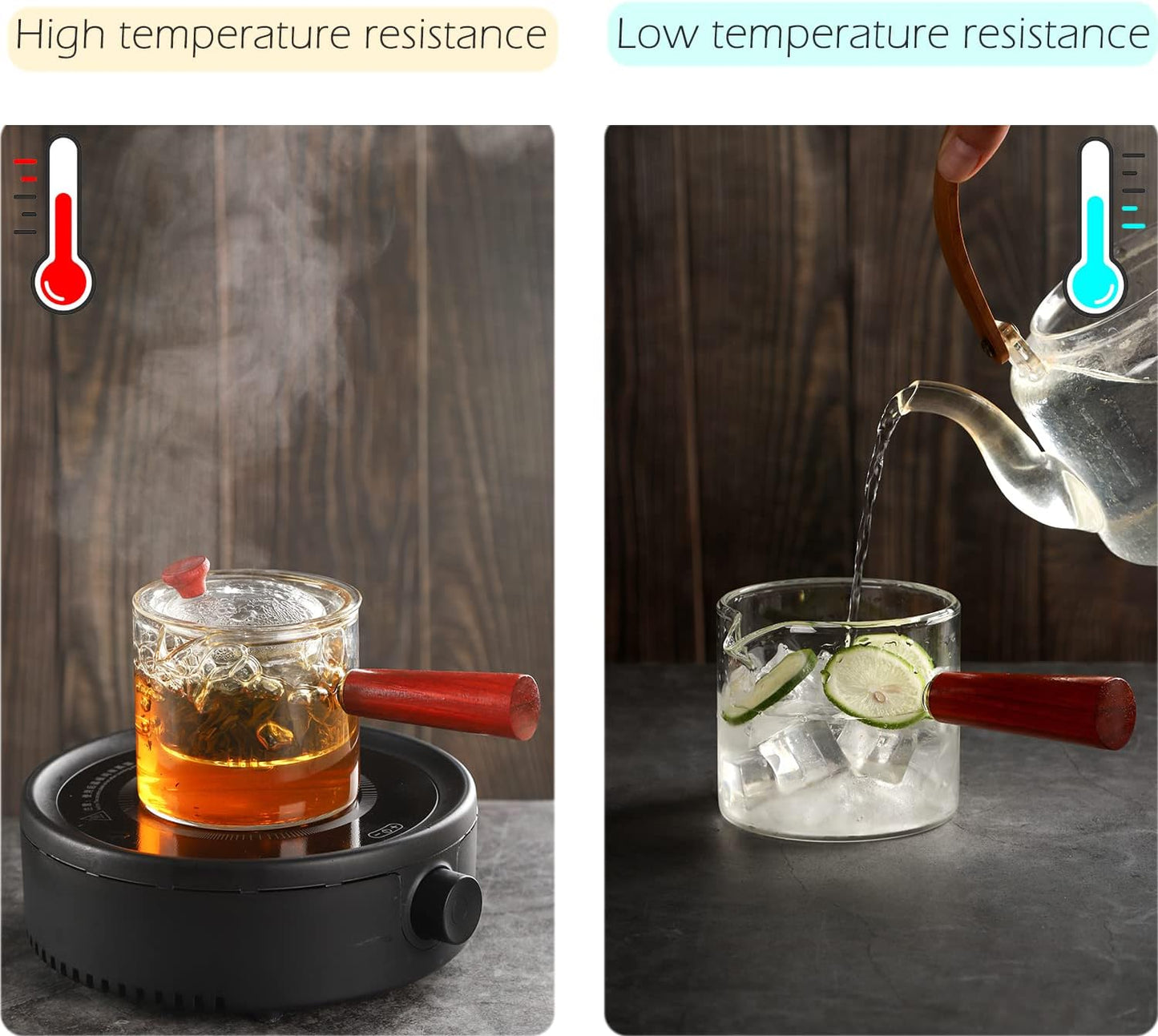 WHJY Glass Teapot with Infuser for Loose Tea, Small Clear Magic Tea Kettle for Stove Top, Clear Japanese Tea Kettle with Wooden Handle Kyusu Teapot - 17oz