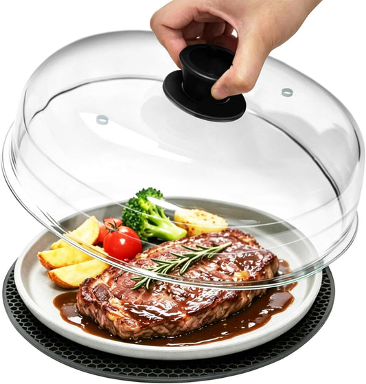 Glass Microwave Splatter Cover with Mat for Food, 10 Inch Guard Lid | Lightweight Borosilicate Glass, Food Grade, Silicone Knob, 2 Vents, 3.1in Tall to Cover Bowls and Plates, Dishwasher Safe