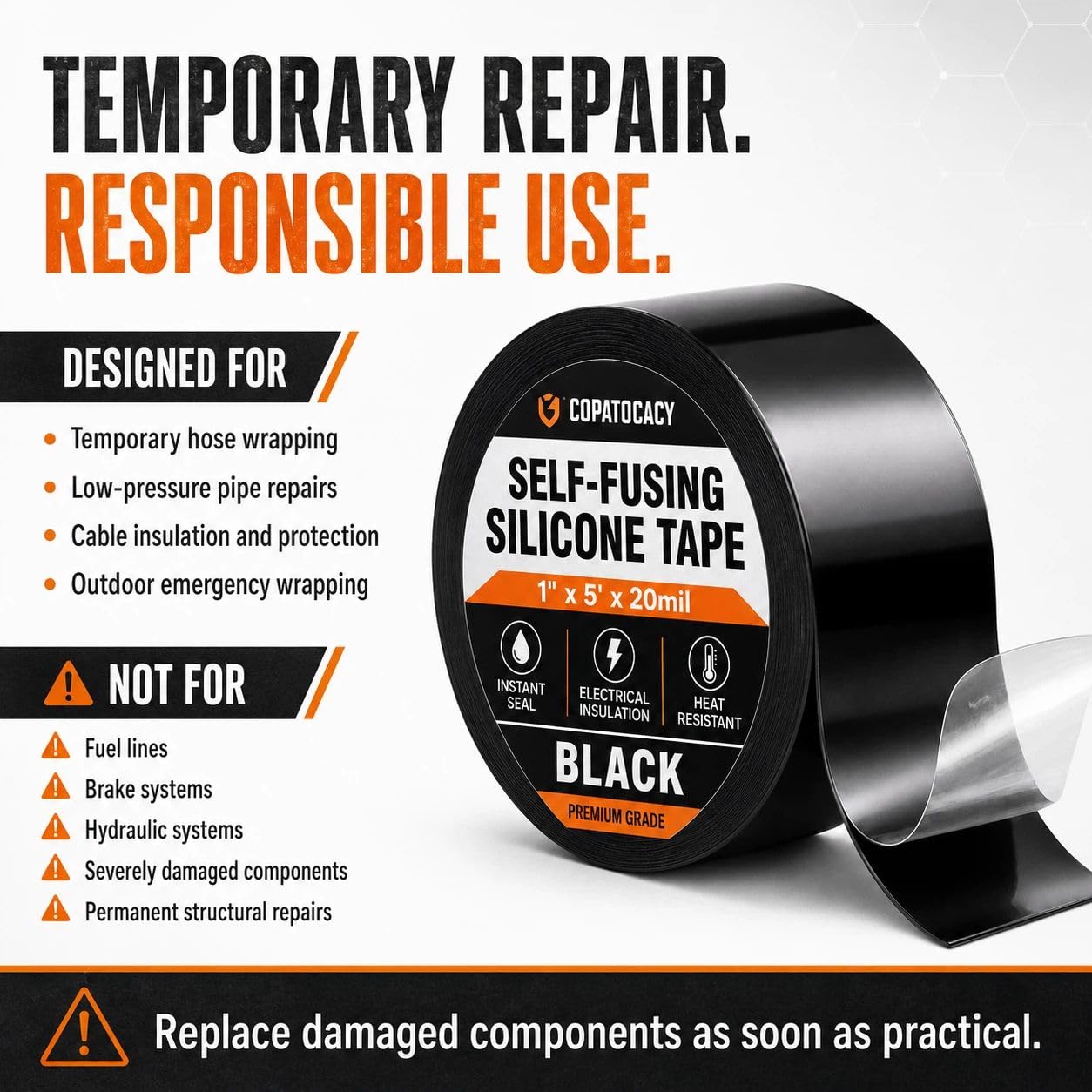 Self-Fusing Silicone Sealing Tape, Waterproof Repair Tape for Hose, Pipe, Electrical Cable, High Strength Leak Fix Wrap, Weatherproof Emergency Insulation Tape (1" x 5' x 20mil)