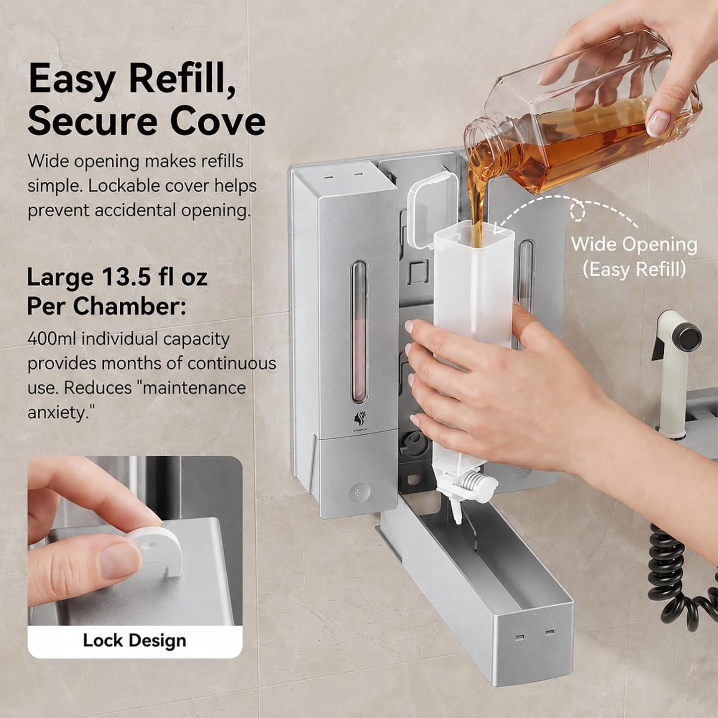 Shampoo and Conditioner Dispenser - Wall-Mounted 3-Chamber Shower Soap Dispenser, No-Drill, 1200ML Capacity, for Bathroom & Hotel