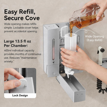 Shampoo and Conditioner Dispenser - Wall-Mounted 3-Chamber Shower Soap Dispenser, No-Drill, 1200ML Capacity, for Bathroom & Hotel