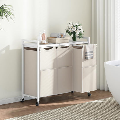 HOOBRO Laundry Sorter 3 Section, Laundry Hamper with Wheels, 3 × 11.5 Gal (43.4L), Rolling Laundry Basket, Pull-Out and Removable Oxford Fabric Laundry Bags, Rustic Brown and Grey BFG76XY01