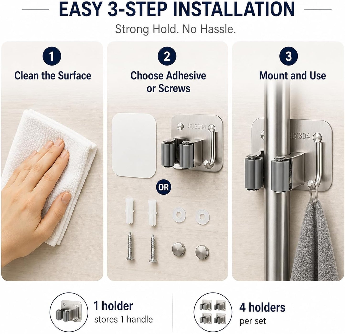 Broom Holder Wall Mount 4 Pack, Heavy Duty Mop and Broom Hanger with Hooks | Innovihue 304 Stainless Steel Broom Hanger, Self Adhesive or Screw Mount Organizer for Kitchen Laundry Garage
