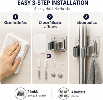 Broom Holder Wall Mount 4 Pack, Heavy Duty Mop and Broom Hanger with Hooks | Innovihue 304 Stainless Steel Broom Hanger, Self Adhesive or Screw Mount Organizer for Kitchen Laundry Garage