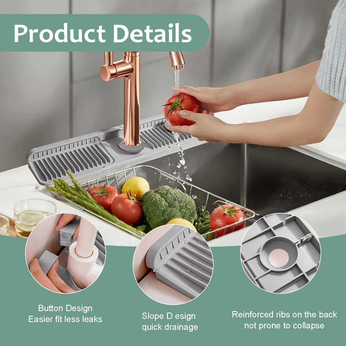 24 Inch Upgraded Draining Mat Folding faucet Mat for Bathroom Sink Splash Guard 7° Slope with Button Lock Water Draining Pad for Kitchen Bathroom Bar(Pink)