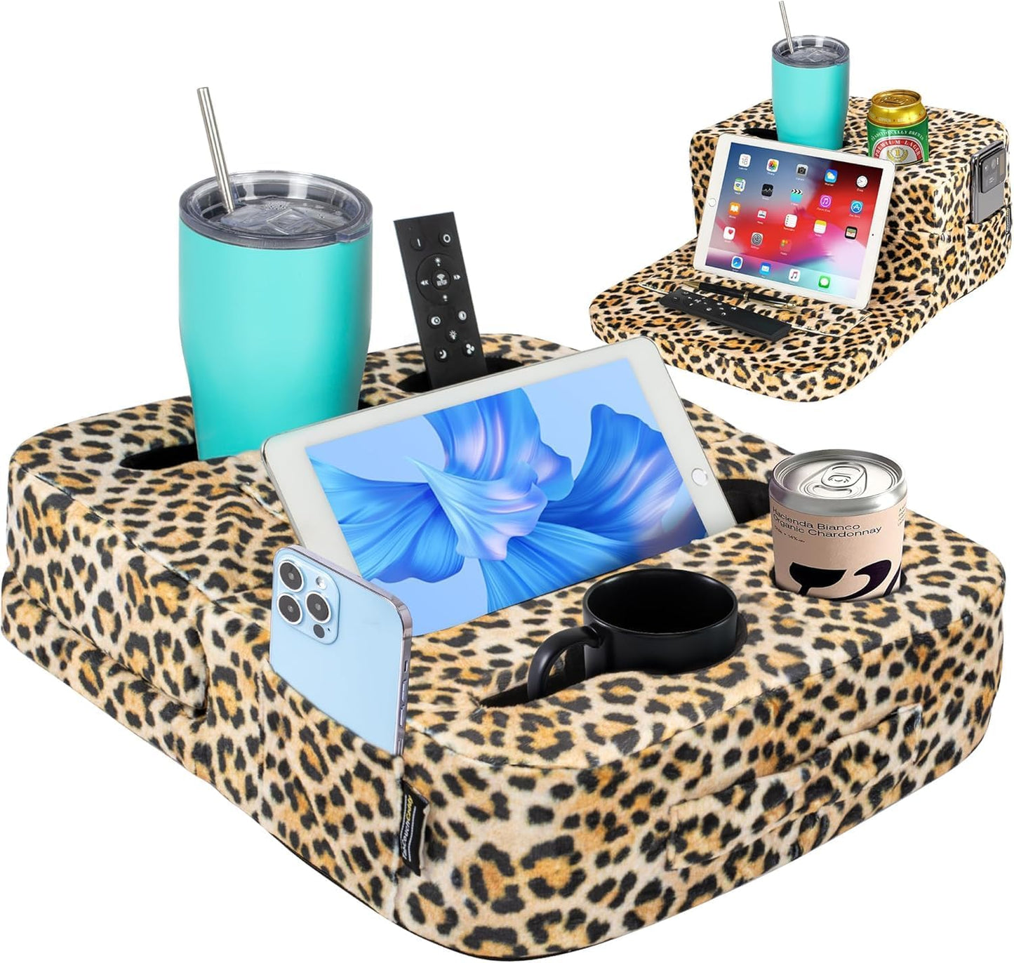 Couch Cup Holder Tray Pillow - Bed, Couch Caddy, Sofa, RV & Car - Holds Drinks, Snacks, Remotes, Phones, Kindle, Tablet | Bed Cup Holder (Grey)