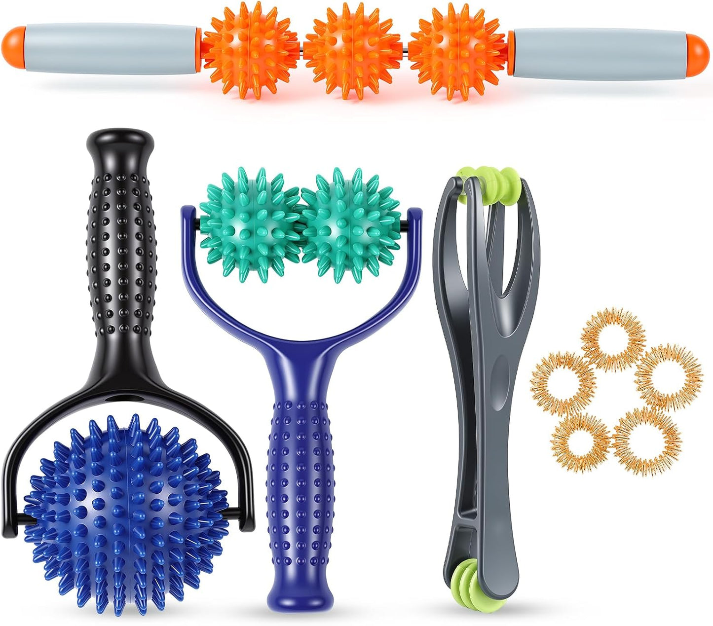 4 Pcs Manual Full Body Massage Tool Set with 5 Finger Rings | Handheld Spiky Massage Roller, Pressure Point Massage Stick, Deep Tissue Release, for Neck, Shoulder, Leg, Feet, Hand, Finger