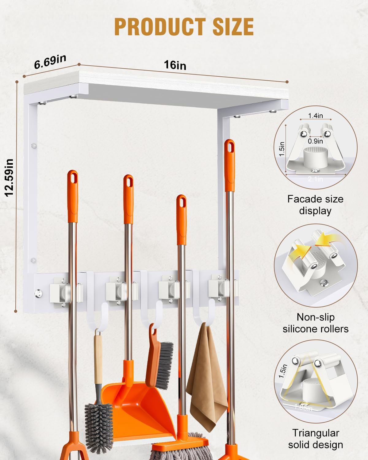 Large Broom Holder Wall Mount with Shelf, Vacuum Organizer, 5 Slots 5 Hooks | Black, 3-In-1 Wall Mount Stores Brooms/Mops/Vacuum, Cleaning Supplies With 5 Grippers/5 Hooks And A Sturdy Wooden Top Shelf