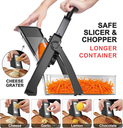 QYKIC Safe Mandoline Slicer for Kitchen, Adjustable Potato Slicer Pro | 0.1-8mm Vegetable Chopper Fry Cutter Julienne Dicer Large Chute Stainless Steel Blades Detachable Dishwasher Safe Gifts