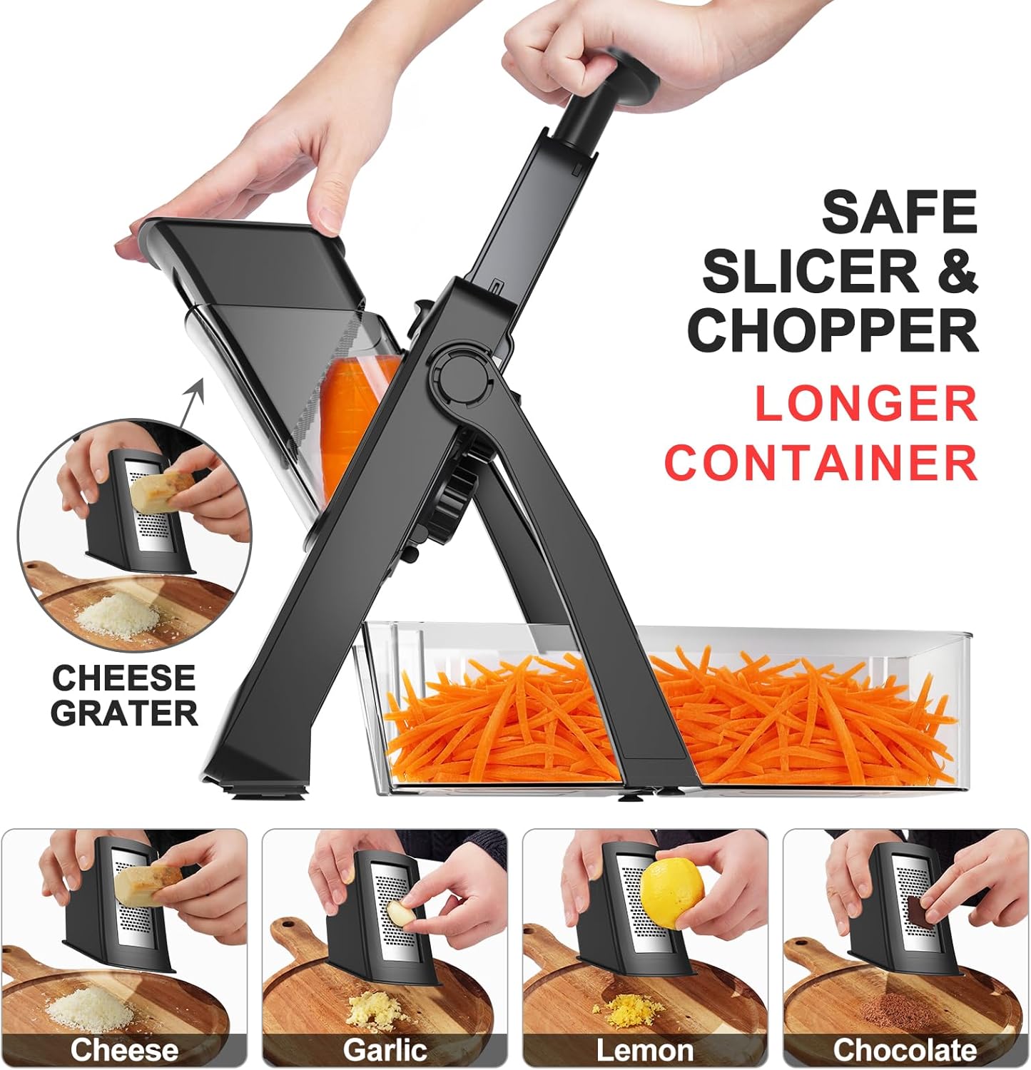 QYKIC Safe Mandoline Slicer for Kitchen, Adjustable Potato Slicer Pro | 0.1-8mm Vegetable Chopper Fry Cutter Julienne Dicer Large Chute Stainless Steel Blades Detachable Dishwasher Safe Gifts