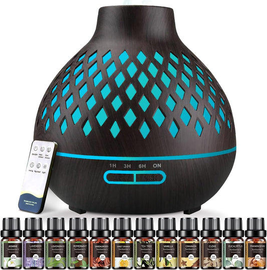 Aeshory Aromatherapy Diffuser & 12 Essential Oils Set, 550ML Aromatherapy Diffuser for Home, Ultrasonic Cool Mist Humidifier with Remote Control 4 Timer 7 Color LED Light, Waterless Auto Off, Dark