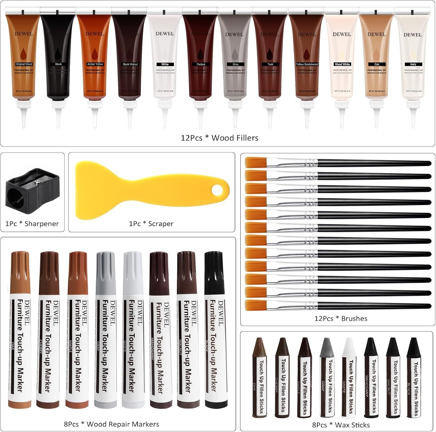 DEWEL Wood Furniture Repair Kit, Upgrade Wood Filler, Furniture Touch Up Markers with Wax Sticks, 42 Pcs Floor Touch Up kit for Scratches, Cracks, Hole, Laminate, Table, Bedposts