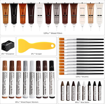 DEWEL Wood Furniture Repair Kit, Upgrade Wood Filler, Furniture Touch Up Markers with Wax Sticks, 42 Pcs Floor Touch Up kit for Scratches, Cracks, Hole, Laminate, Table, Bedposts