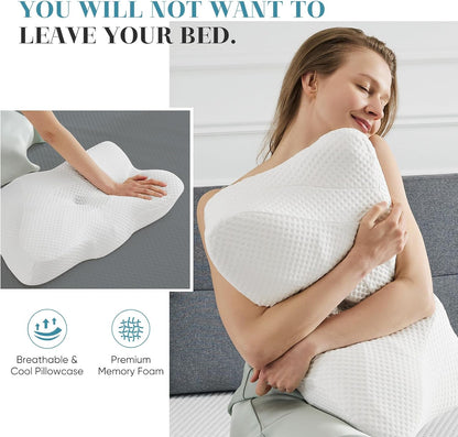 Sweetcrispy Cervical Pillow for Neck and Shoulder - Ergonomic Memory Foam Pillows, Contour Side Sleeper for Adults, Cooling Orthopedic Neck Support for Back Stomach Sleepers, White