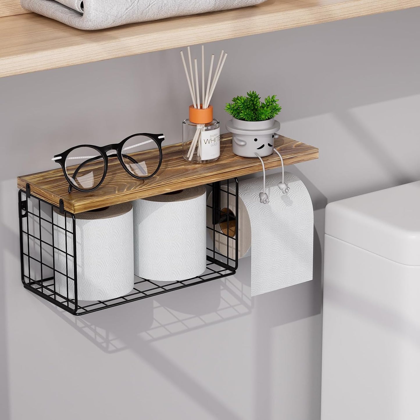 VITVITI Toilet Paper Holder with Shelf, Wall Mounted Storage Basket, Brown | Farmhouse Wall Mount Toilet Paper Holder Shelves, Wood Metal Toilet Roll Wipes Holder for Bathroom