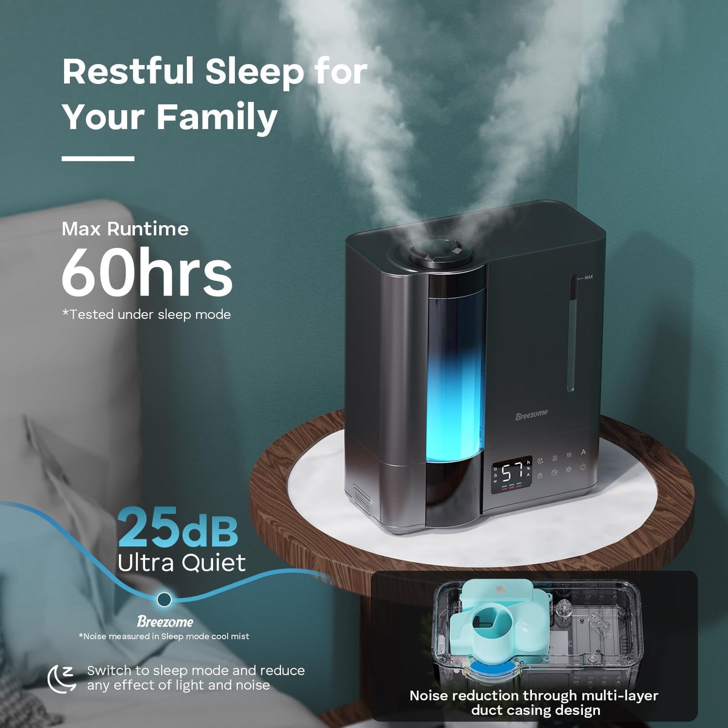 BREEZOME 8L Warm & Cool Mist Humidifier for Large Room 25dB 60H Runtime | Top Fill, 7-Color Mood Light, Smart Auto Humidistat, Essential Oil Tray, Safe Child Lock, 1-24H Timer for Bedroom Baby Plants