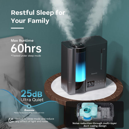 BREEZOME 8L Warm & Cool Mist Humidifier for Large Room 25dB 60H Runtime | Top Fill, 7-Color Mood Light, Smart Auto Humidistat, Essential Oil Tray, Safe Child Lock, 1-24H Timer for Bedroom Baby Plants