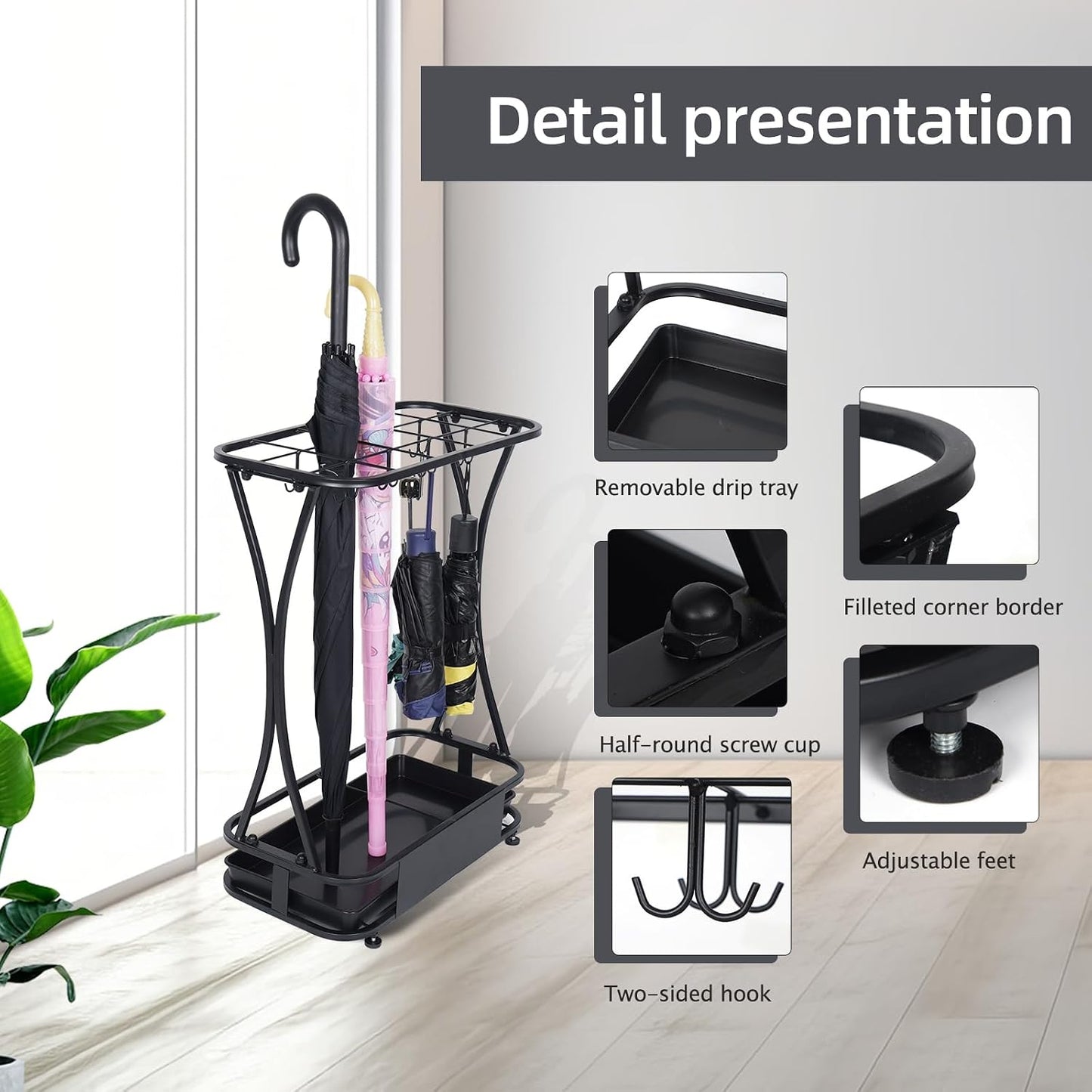 15 Slot Umbrella Stand with 8 Hooks – Heavy Duty Metal Indoor Umbrella Rack Holder with Removable Drip Tray – Large Commercial Entryway Organizer for Office, Lobby or Home