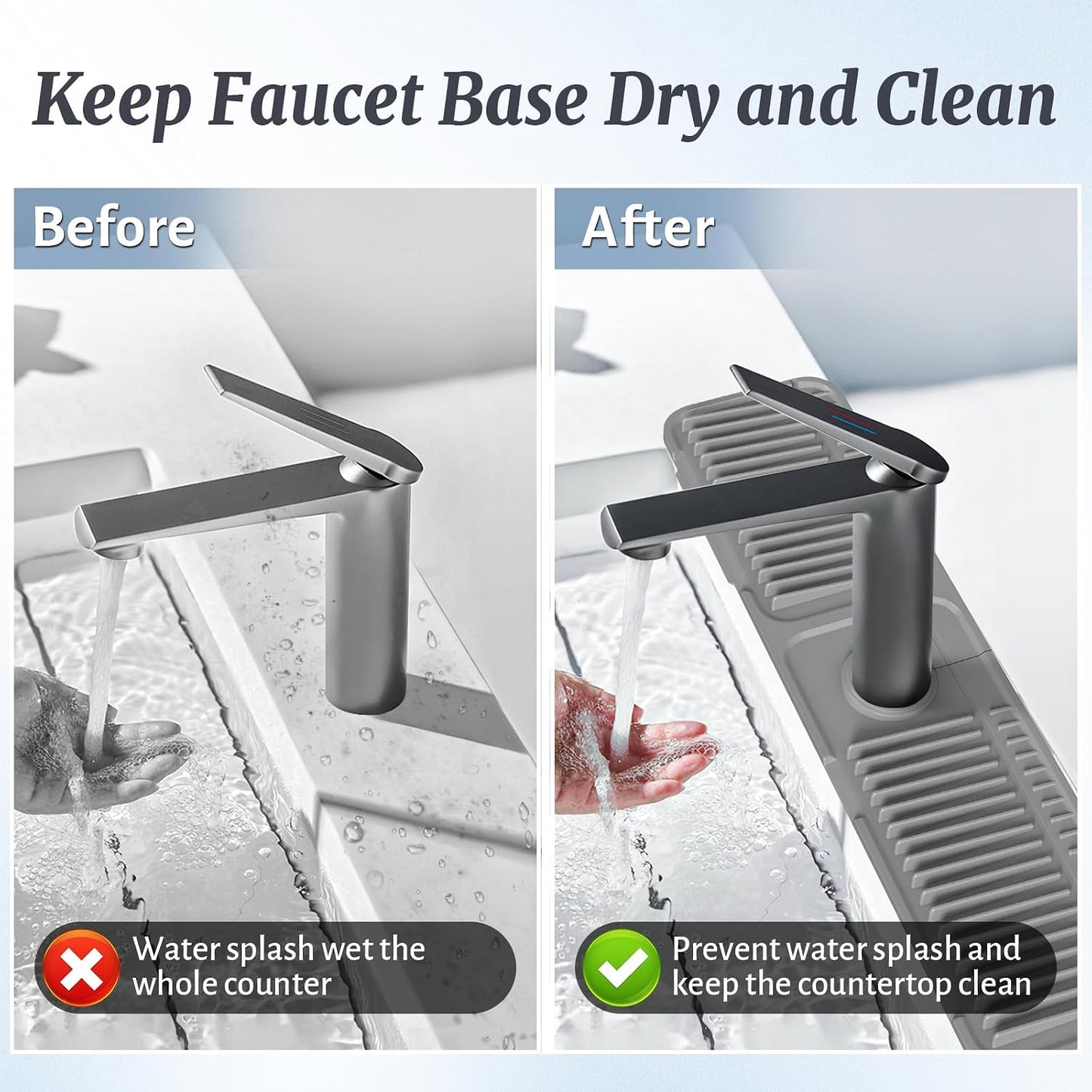 PoYang 24 Inch Faucet Mat for Kitchen Sink Splash Guard, Silicone, Black | Sink Protectors with 7° Slope for Smooth Drainage, Snap Button Holds It in Place, 90° Foldable & Cuttable Hole Fit Most Sinks