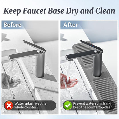 PoYang 24 Inch Faucet Mat for Kitchen Sink Splash Guard, Silicone, Black | Sink Protectors with 7° Slope for Smooth Drainage, Snap Button Holds It in Place, 90° Foldable & Cuttable Hole Fit Most Sinks