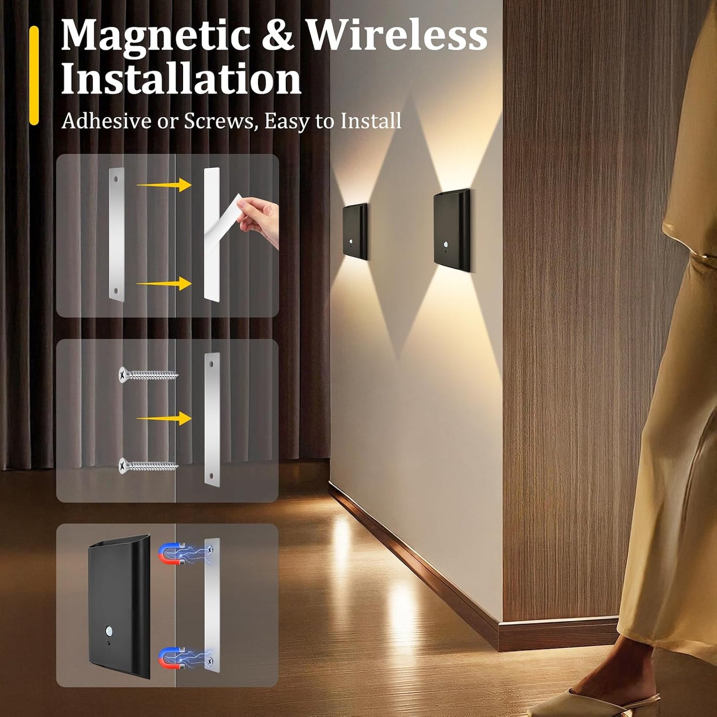 Eneru Motion Sensor Wall Sconce, Rechargeable Wireless Lights Indoor 2 Pack | 5000mAh battery powered, remote 3CCT dimmable, cordless magnetic mount, motion night light for hallway closet bathroom stair