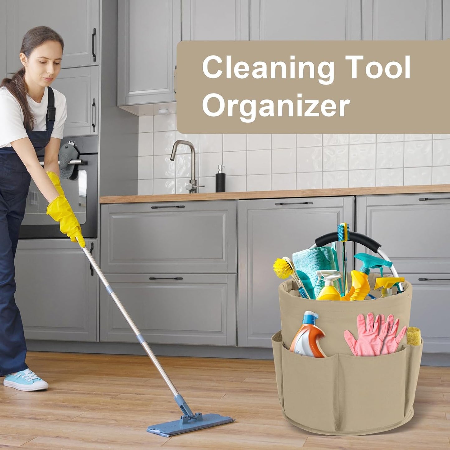 Cleaning Caddy with Handle, Cleaning Products Organiser, 17L Foldable Storage Basket, Cleaning Caddy Organiser, Portable Multi Cleaning Bucket Bag for Home, Garden (Black)