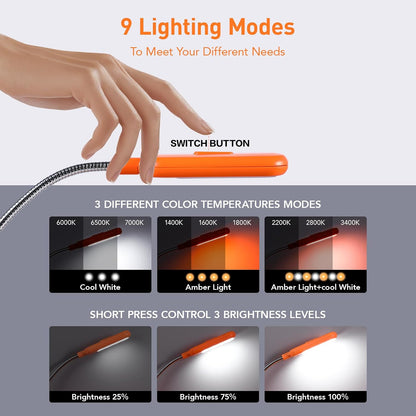 VAVOFO Rechargeable Book Light, Blue Light Blocking, Amber 1600K Clip On Reading Light, Eye Care 7 LEDs Kids Book Light for Reading in Bed with Power Indicator for Bookworms (Neon Orange)