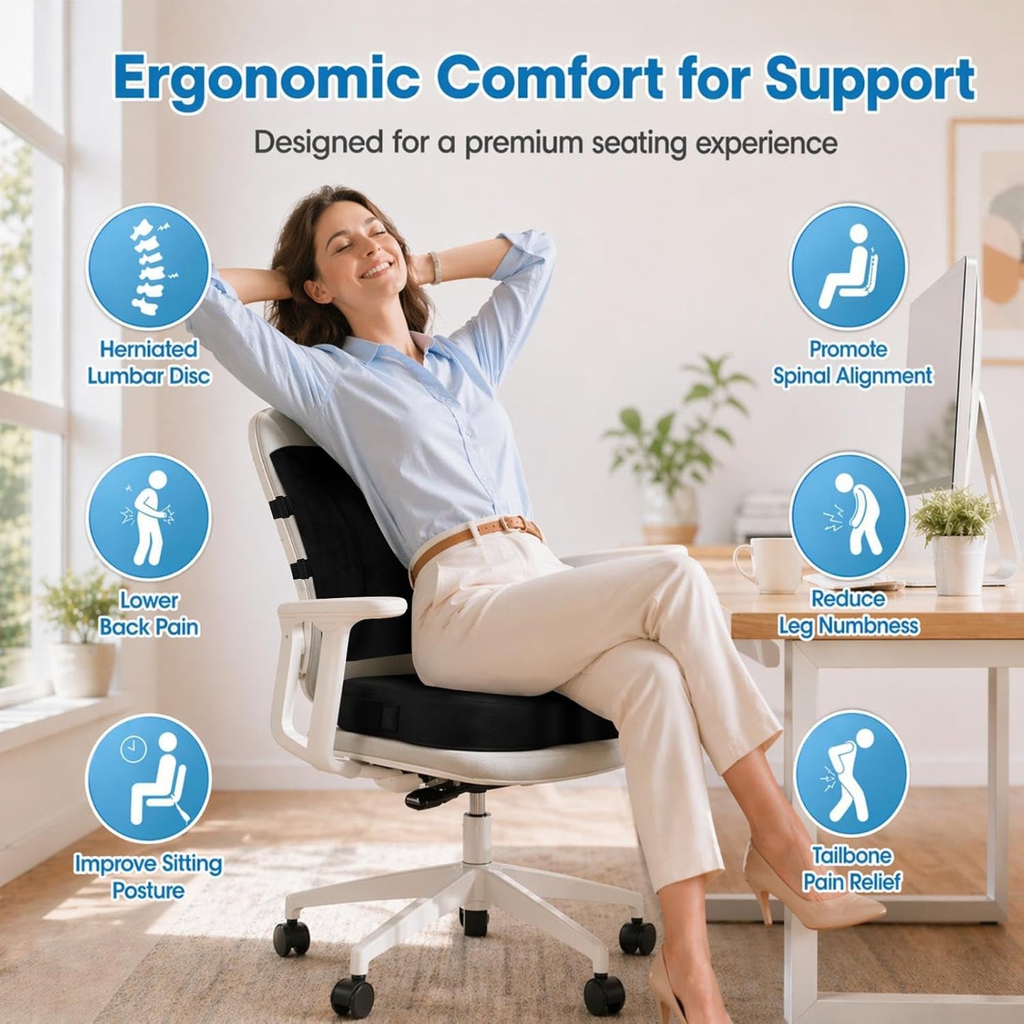 CloudBliss Lumbar Support Pillow & Seat Cushion Set for Office Chair, Desk Chair, Wheelchair & Car – Memory Foam Back Support, Ergonomic Chair Cushions, Sciatica Pain Relief, Home Essentials, Black