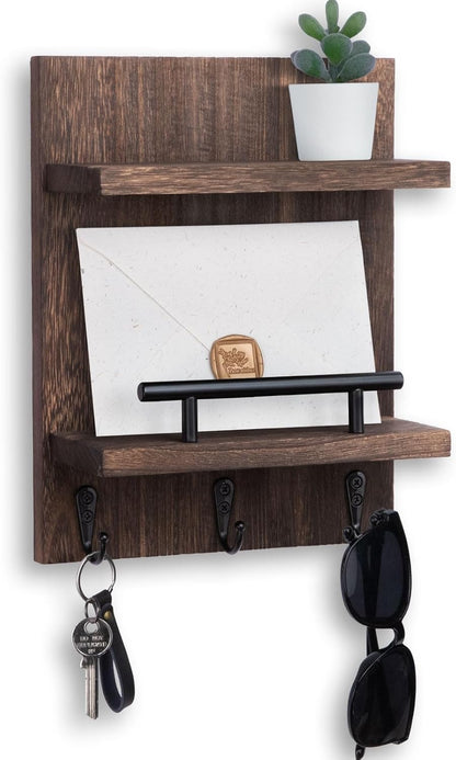 Key Holder Wall Mount, Mail Shelf Decor with 3 Key Hooks, Versatile Wood Wall Organizer for Entryway Hallway (8.2” x 10.6”x 3.6”) (White) | Farmhouse Key Hanger Holds Dog Leash, Sunglasses – Decorative Mail Organizer Home Decor