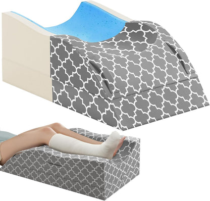 CloudBliss Leg Elevation Pillow for After Surgery, Adjustable Height Memory Foam Wedge Pillow with Cooling Ice Silk Cover, Ergonomic Leg Support for Knee, Comfort Care for Blood Circulation, Grey