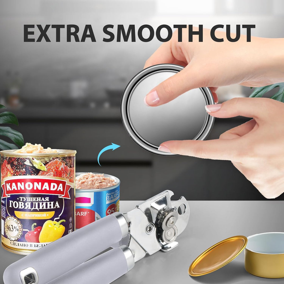 Safring Can Opener Manual, Heavy Duty Handheld Strong Can Opener with Soft Touch Handle, Sharp Blade Smooth Edge, Can Openers with Multifunctional Bottle Opener, Black