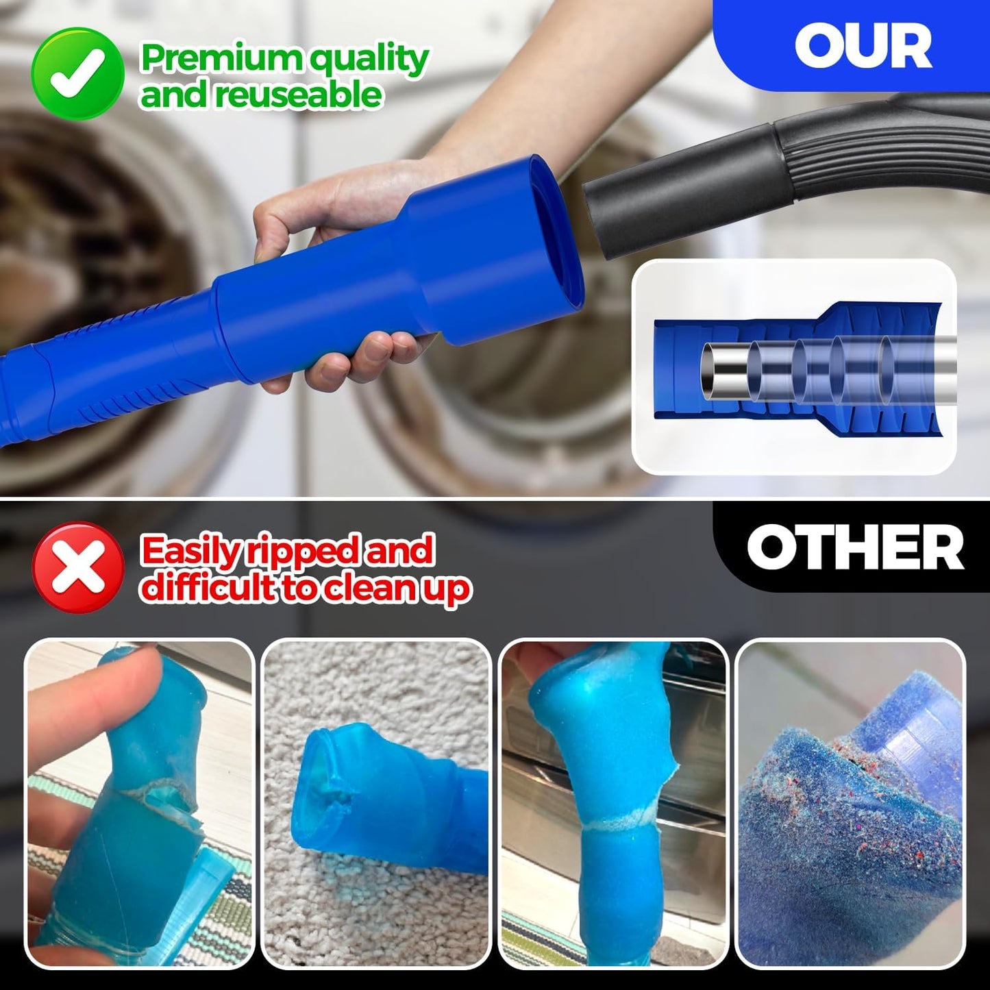 Holikme Dryer Vent Cleaner Kit 2Pack - Lint Vacuum Attachment & Brush | Blue Dryer Vent Vacuum Hose Attachment & Brush Reach Deep Traps - Remove Hidden Lint, Speed Drying & Reduce Fire Risk