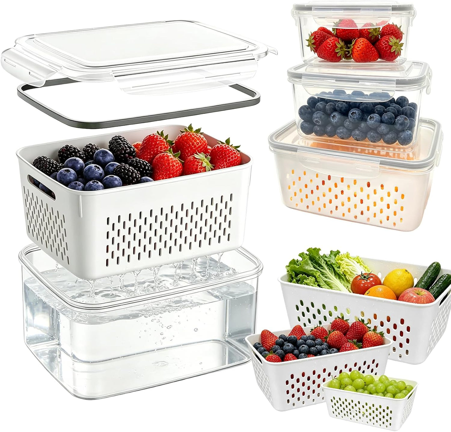 3 Pack Fruit Storage Containers for Fridge with Removable Colander | 3 BPA-free produce storage containers with colanders, airtight lids and stackable design for fruits and vegetables.