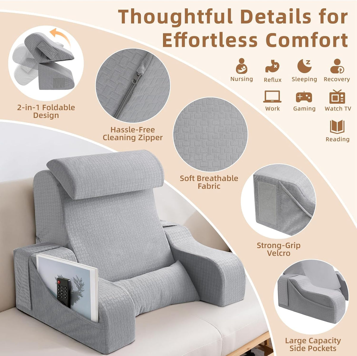 Foldable Reading Pillow for Sitting in Bed Adult, White/Grey, 19"