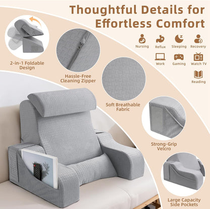 Foldable Reading Pillow for Sitting in Bed Adult, White/Grey, 19"