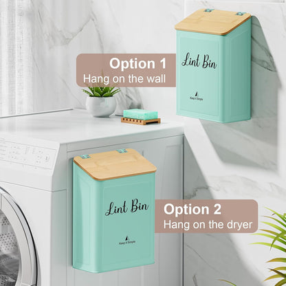 SUBEKYU Magnetic Lint Bin for Laundry Room Organization and Storage,White | Wall Mounted Metal Lint Box Holder Trash Can with Bamboo Lid for Dryer,Lint Basket for Laundry Room Decor