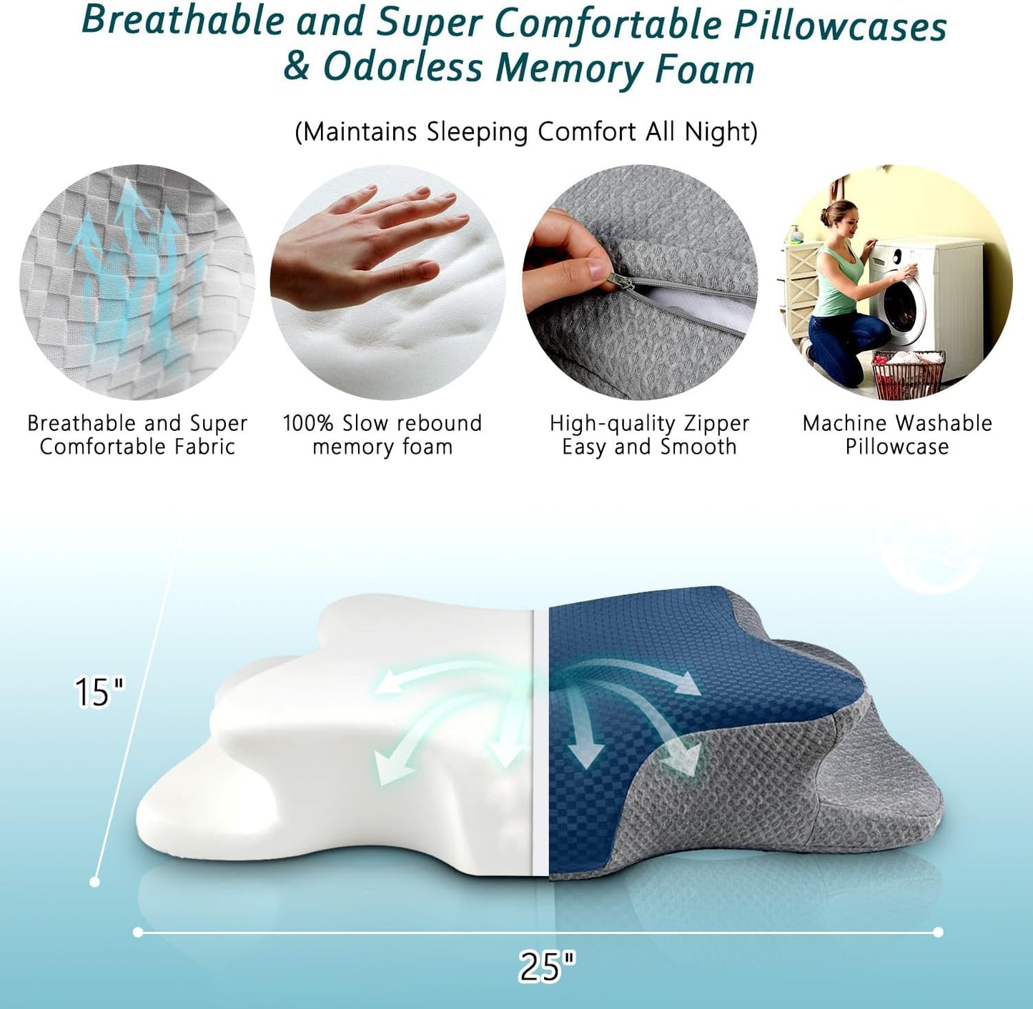 CHxxy Memory Foam Pillows, Cervical Pillow for Neck & Shoulder Pain Relief | Ergonomic Contour Bed Pillow, Soft for Side Sleep Stomach Sleeping and Back Sleeper-Queen Size&Grey